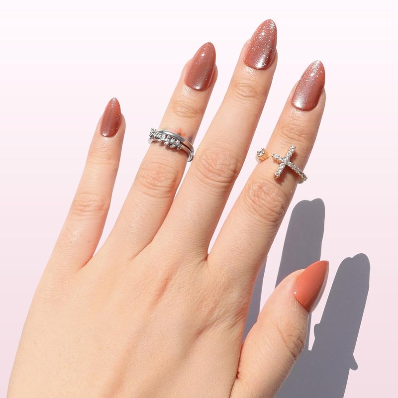 Press On Nails - Amber Gold Short Almond Cat Eye Velvet Finish | 16 Sizes, Reusable Opaque Stick On Nail Kit with Glue for Women