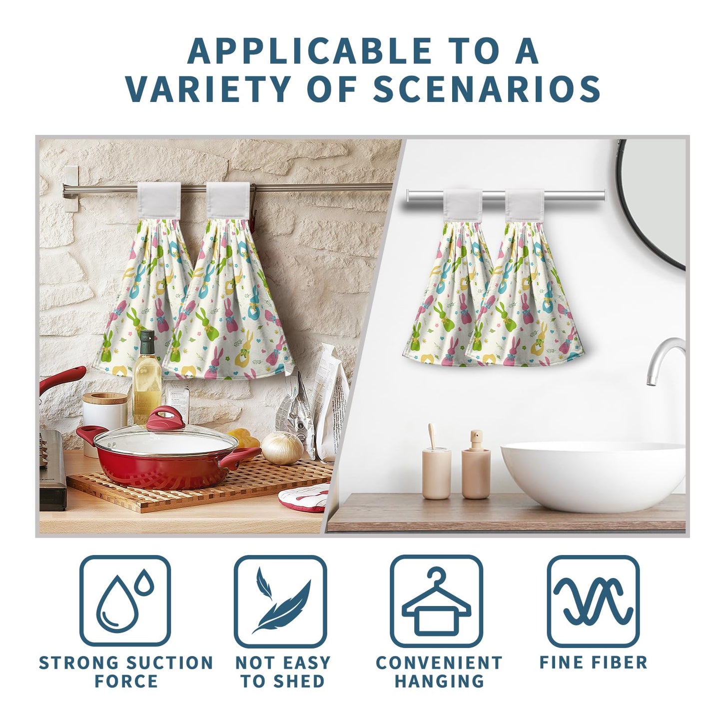 Kwlegh Easter Cute Bunny Hanging Towels Set of 2 Colorful Bunnies Bow Tie Hand Towels Seasonal Spring Holiday Kitchen Towels with Hanging Loop Soft Absorbent Fast Drying Bath Towel for Bathroom