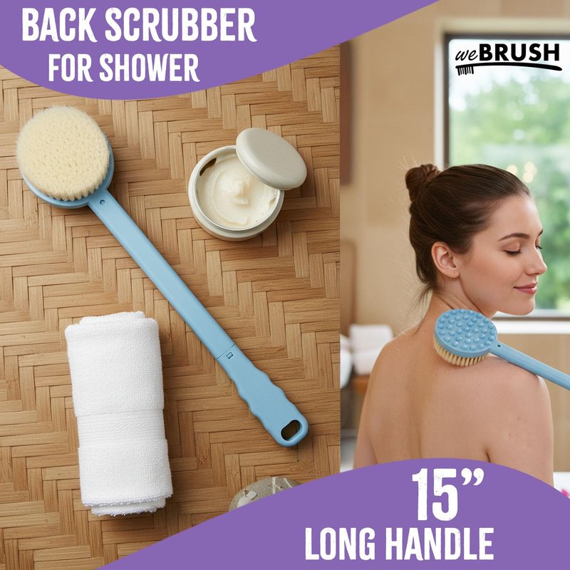 Bath Body Brush for Women & Men, Back Scrubber Shower Brush Exfoliating Back, Body and Feet Scrubbing Soft Nylon Bristles, 15inch Long Handle