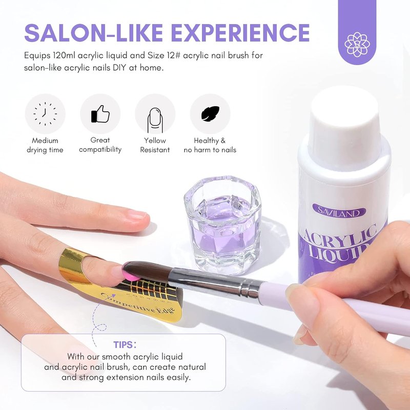 SAVILAND Monomer Acrylic Nail Liquid - 4 oz Long-Lasting Non-Yellowing Formula for Beginners | Perfect for Home Salon Use