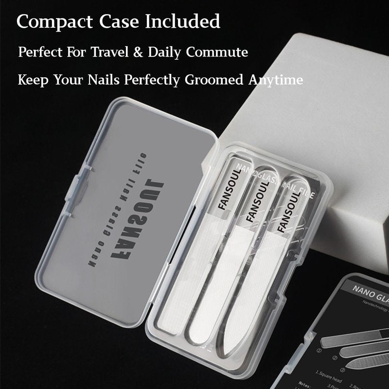 FANSOUL Nano Glass Nail File And Buffer 3 Pack Set for Natural Nails - Glass Nail Files with Round, Pointed, Square Heads for Shaping & Polishing, Manicure Tools for Healthy Nails, Gift Idea for Women
