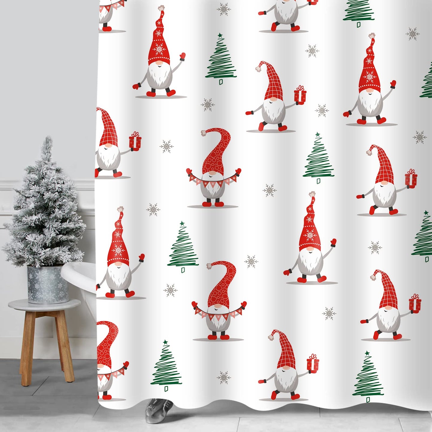 Sunlit Christmas Shower Curtain, Red Gnome Elf Doll and Xmas Trees Snowflake Pattern Shower Curtain for Bathroom Decor, 71x71 Inch