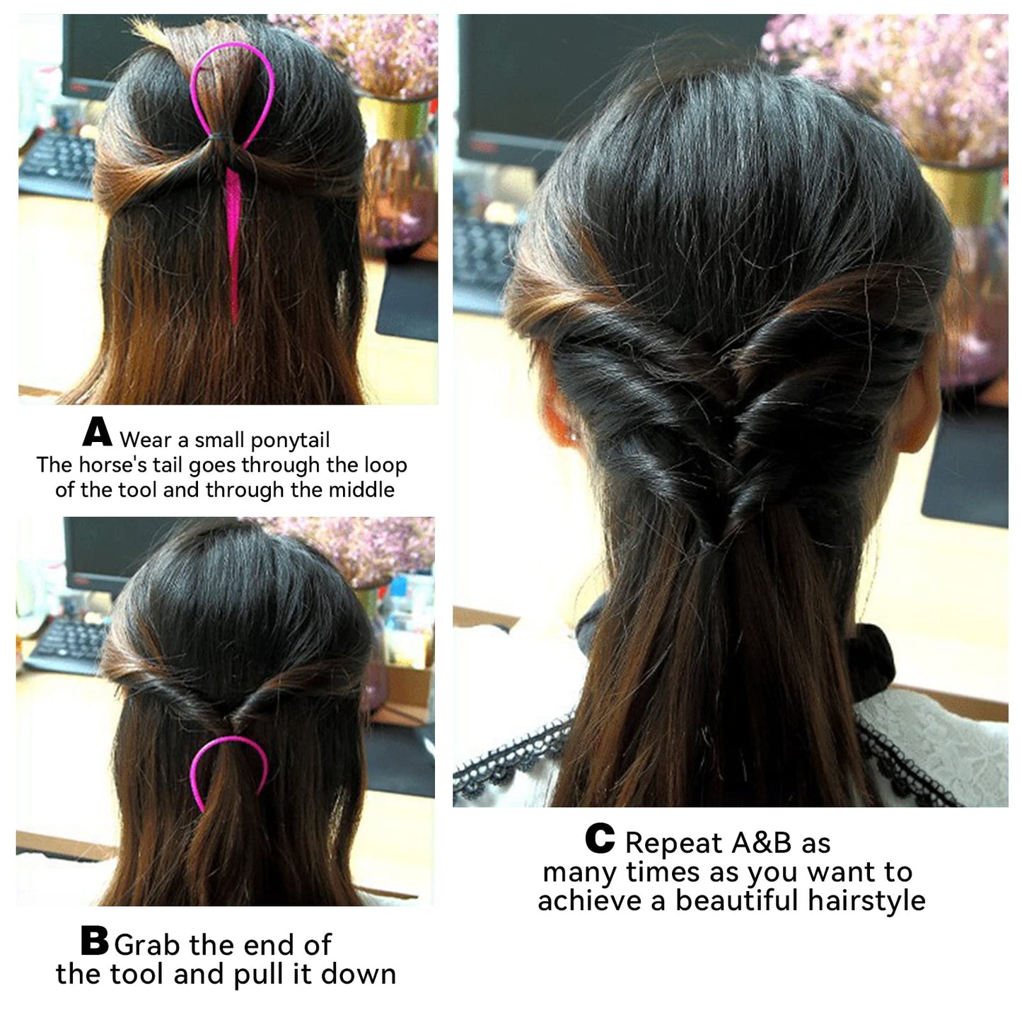 Topsy Tail Hair Styling Tools Set for Versatile Hairstyling - 4 Rat Combs, 4 Loop Turvy Tool
