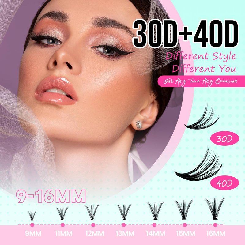 FADVAN Lash Clusters DIY Lash Extensions Kit 280pcs Individual Lashes Clusters 30D+40D Eyelash Extension Kit with Applicator and Lash Bond&Seal,Glue Remover, Beginner Friendly (30D+40D, 0.07D, 9-16mm)