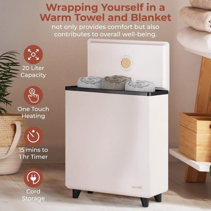 SereneLife Rectangular Towel Warmer Bucket, Large Capacity Single Touch Towel & Blanket Warmer With Insulated Lid, Holds 2 Large Towels/Blanket, Auto Shut-Off For Safety, Black