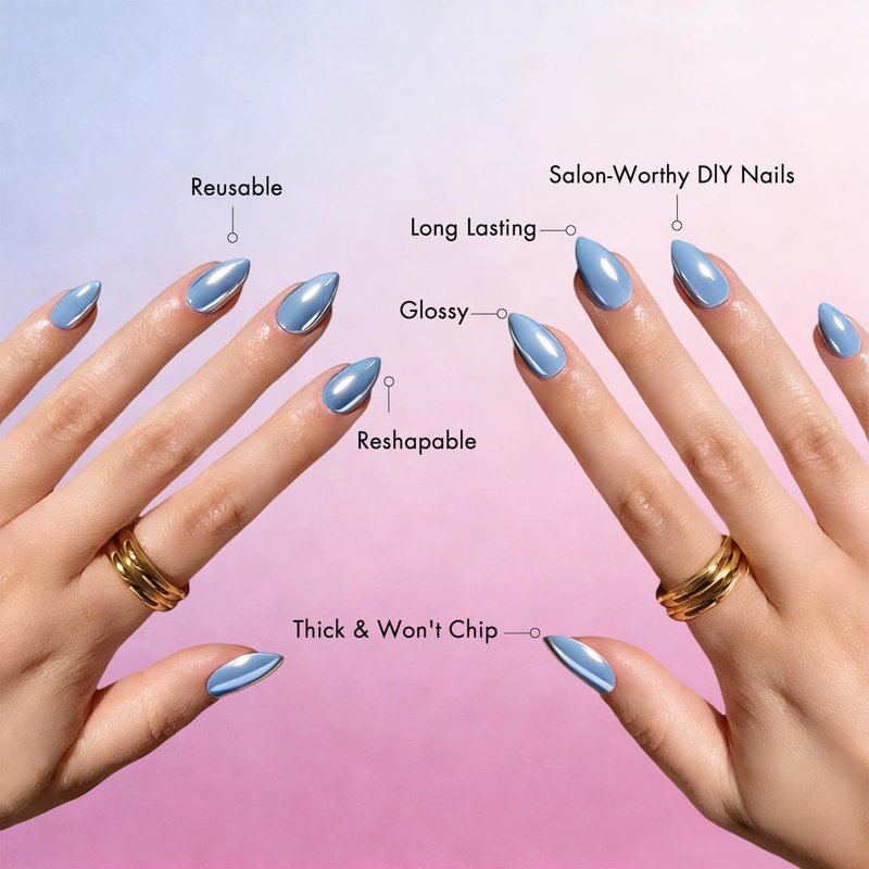 Chrome Baby Blue Press on Nails Short Almond, Shiny Soft Gel Fake Nails with Glazed Sparkle UV Finish, 30 Pcs Designed Glue on Nails Short Stiletto, Reusable Thick Cute Nail Set with Glue