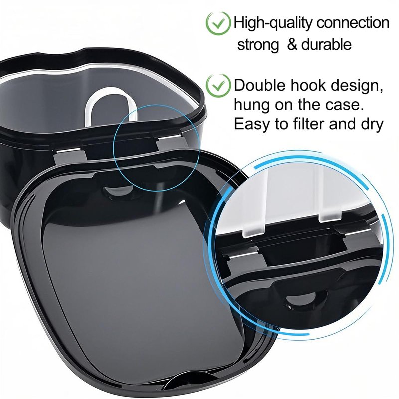 Black Denture Soaking Container Partial Denture Case, Orthodontic Retainer Cleaning Case Denture Cleaner Container Dentures Teeth Cup with Strainer and Lid Waterproof