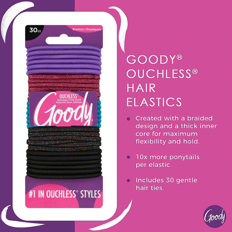 Goody Ouchless Women's Elastic Hair Ties - 30 Count Assorted Glitter - 4MM for Pain-Free Ponytails & Braids
