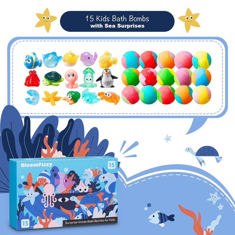 Sea Surprise Bath Bombs for Kids, 15 Pack Organic Fizzy Bath Bombs Gift Set with Hidden Ocean Toys, Gentle & Scented, Kid-Safe & Fun Bath Time, Ideal Christmas Gift & Stocking Stuffer for Kids