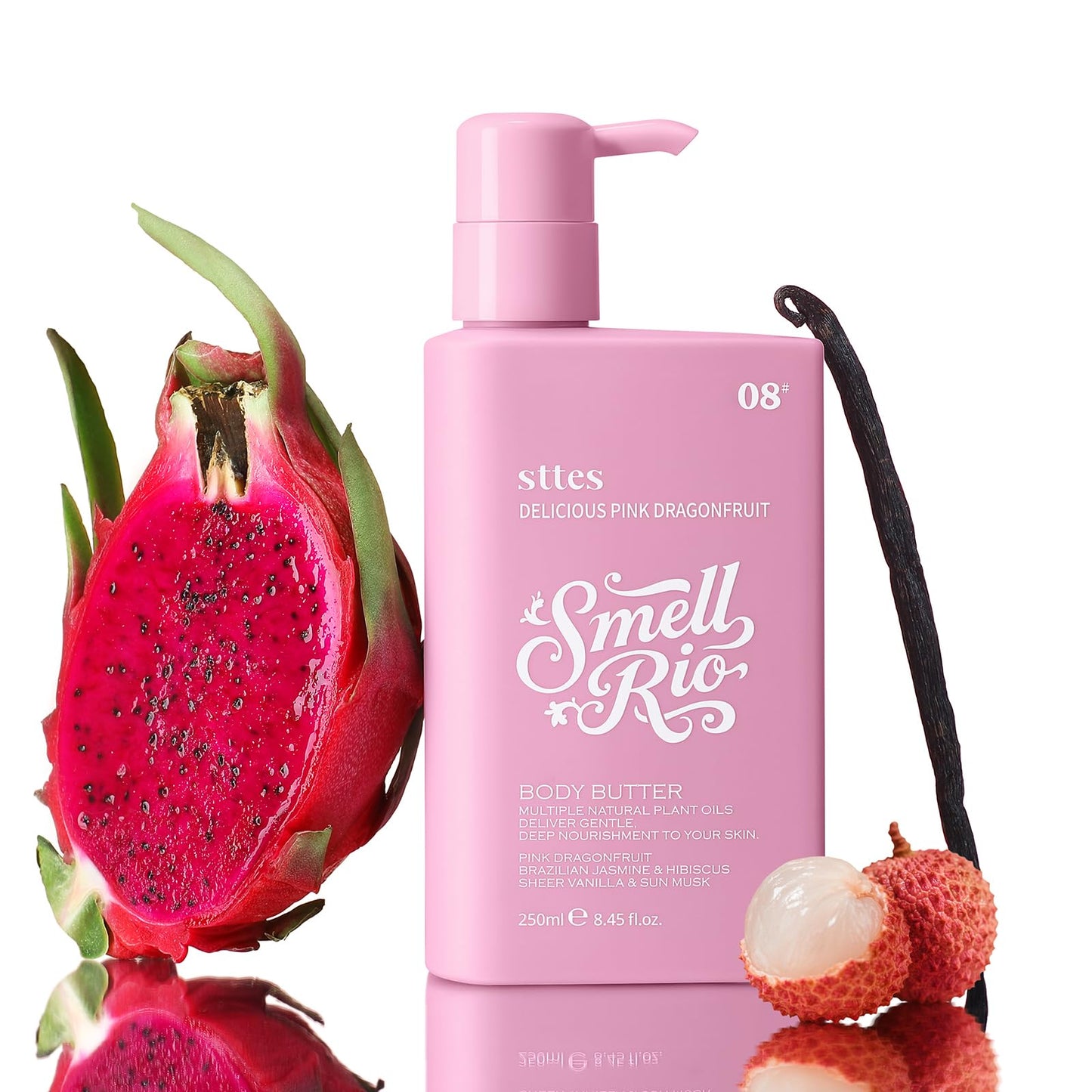 Sttes Smell Rio Body Butter 08# (Delicious Pink Dragonfruit) – 250ml Whipped Body Cream with Pink Dragonfruit, Jasmine & Hibiscus Scent, Jojoba & Coconut Oil, Caffeine