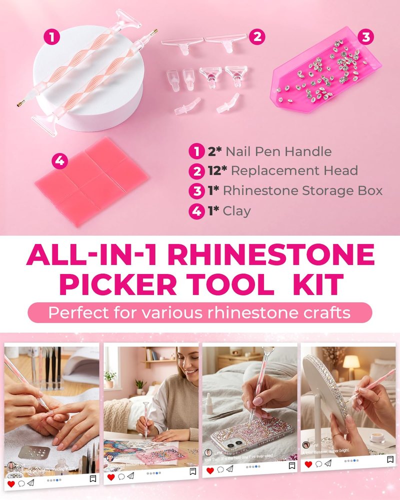 Rhinestone Picker Tool Kit - Dual-Ended Applicator & 12 Tips | Nail Art Craft Tools (Pink)