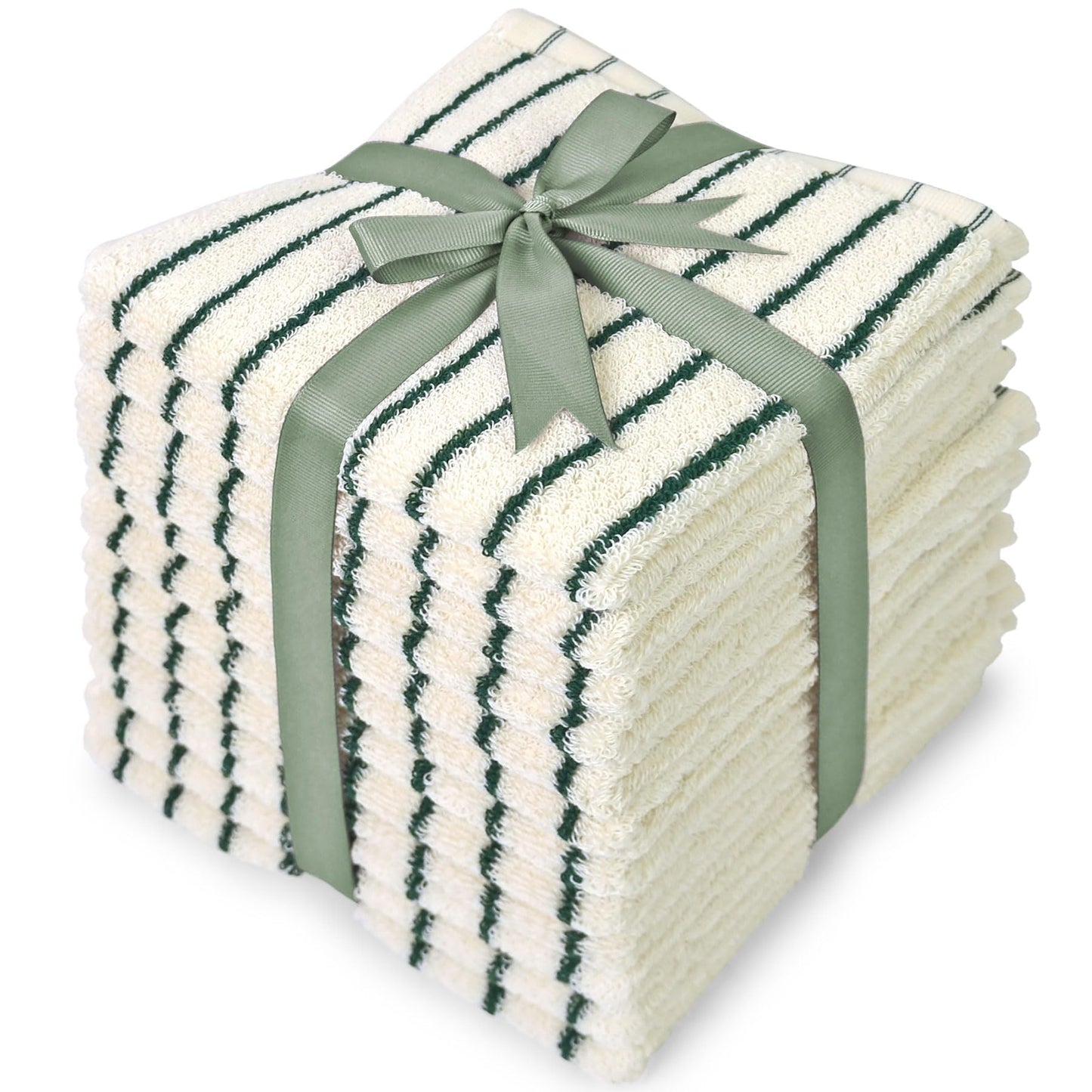 Jacquotha Striped Cotton Washcloths 12 Pack, 13” x 13” - Soft Wash Cloths for Bathroom, Kitchen, Gym, Face, Green and Cream