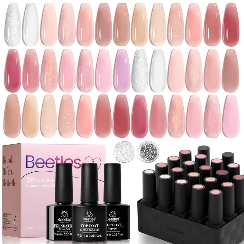Beetles Nude Pink Gel Nail Polish Set - 25PCS 20 Colors, Sheer Glitter & Matte Top Coats | Perfect Gift for Women
