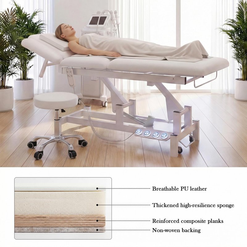 2-Motor Electric Massage Treatment Table w/ Wheels, 3-Section Angle & Height Adjustable, Professional Spa Esthetician Bed for Facial, Tattoo, Waxing, Physical Therapy & Medical Exam Table w/ Stool