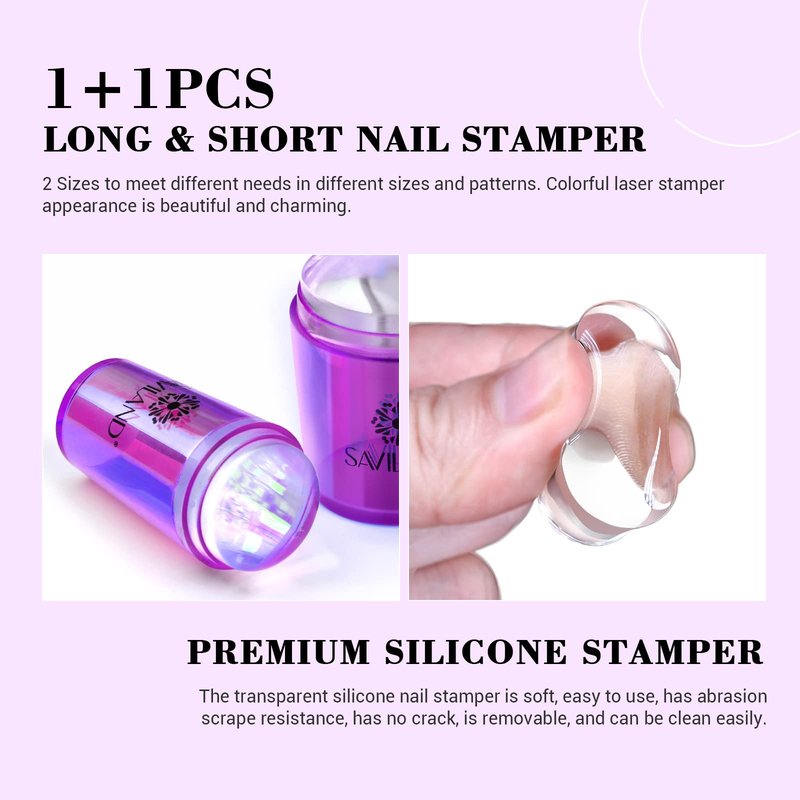 Saviland French Tip Nail Stamp: 5PCS Purple Radium Jelly Stamper Nail Art Stamper Kit, Long & Short Clear Silicone Nail Stamping with Scrapers Nail Stamp for French Manicure