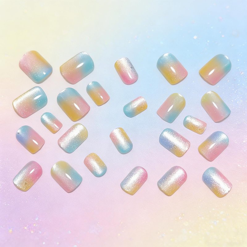 Gradient Colorful Press on Nails Short Square Fake Nails Sparkly Glitter False Nails with Candy Color Designs Glossy Stick on Nail Reusable Artificial Summer Nails for Women Manicure 24Pcs