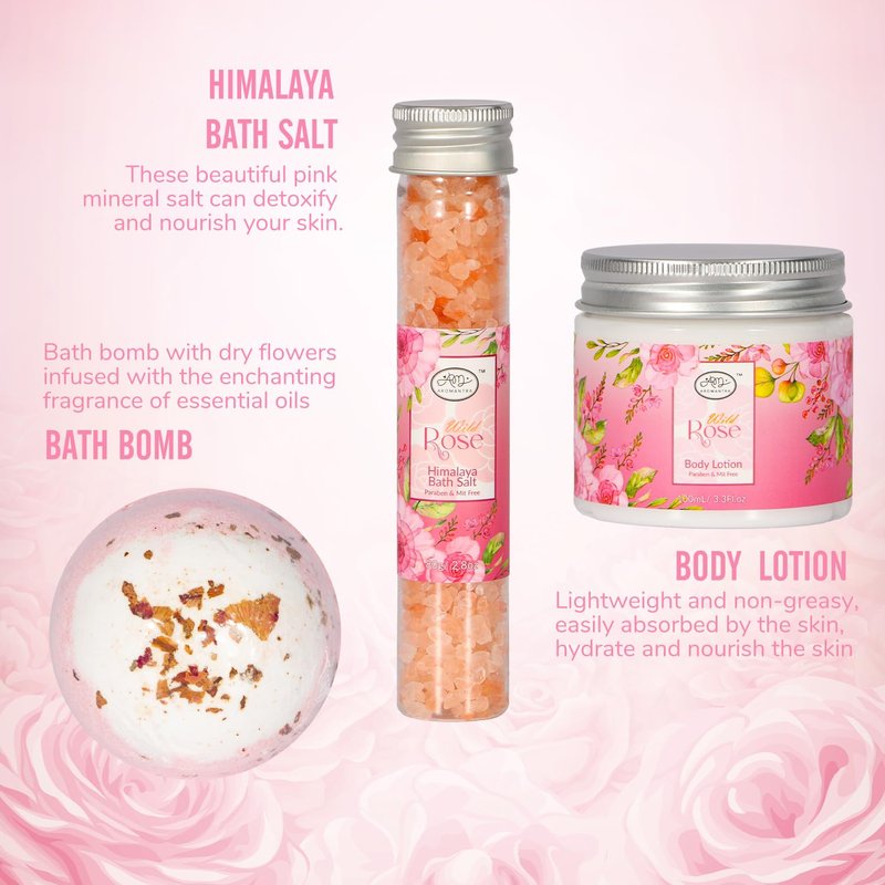 AM AROMANTRA Luxury Spa Gift Set for Women, Whole Body, Bath Set, Bath Gift Set, Rose Scented, 10 Pcs, Self Care, Best Friend, Mom, Sister, Valentine's Day Gift