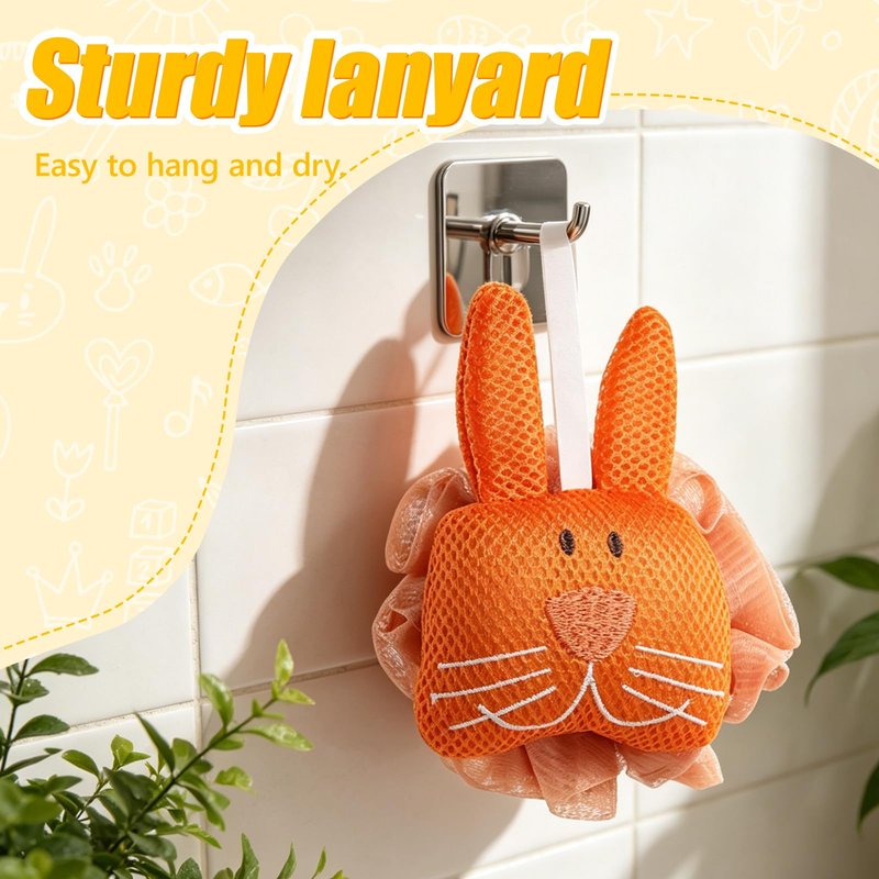 Kids Loofah, Cute Cartoon Animal Kids Bath Sponge with Hanging Rope, Soft Double Mesh for Rich Lather (Little Orange Rabbit)