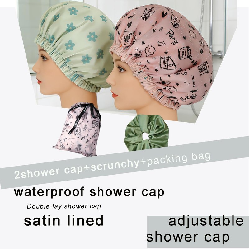 2Pcs Genergy Luxury Satin lined Shower Cap With Scrunchy and Packing Bag Waterproof Baths Cap For All Hair Lengths Frizz Free Reusable Adjustable Large Double Layers Cap for Women Shower Spa Travel