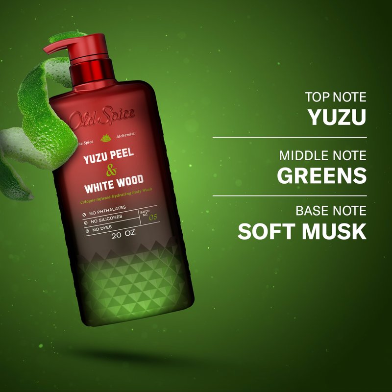 Old Spice Body Wash for Men, The Spice Alchemist Collection, 24/7 Cologne Infused Hydration, No Trade Off Formula, Free of Phthalates Silicones & Dyes, Yuzu Peel + White Wood Scent, 20 oz