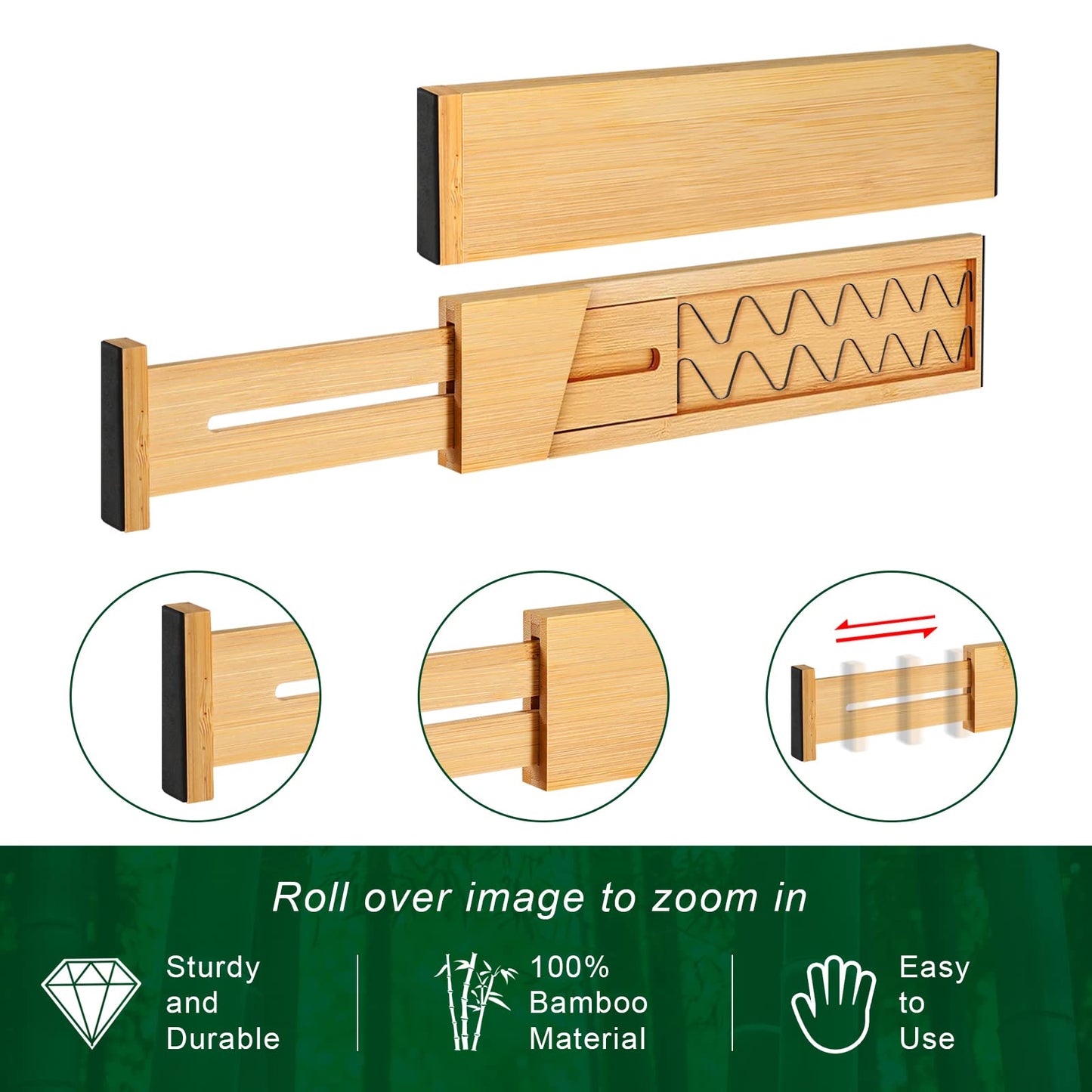 4 Pack Bamboo Drawer Dividers 2.6" High, Adjustable Length from 12 Inch to 17 Inch, Expandable Kitchen Drawer Organizer Separators for Clothes, Kitchen, Bedroom, Dresser, Office (Beige)