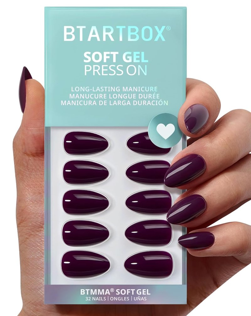 BTArtbox Press On Nails - Poison Potion Dark Purple Almond Nails | 32-Piece Soft Gel Kit in 16 Sizes