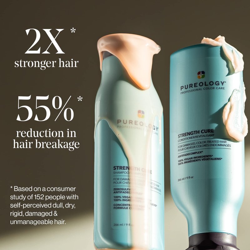 Pureology Strength Cure Shampoo & Conditioner Set - For Damaged or Color Treated Hair, Hair Strengthening & Prevents Breakage, Seals Split Ends, Vegan, 8.5 Fl Oz