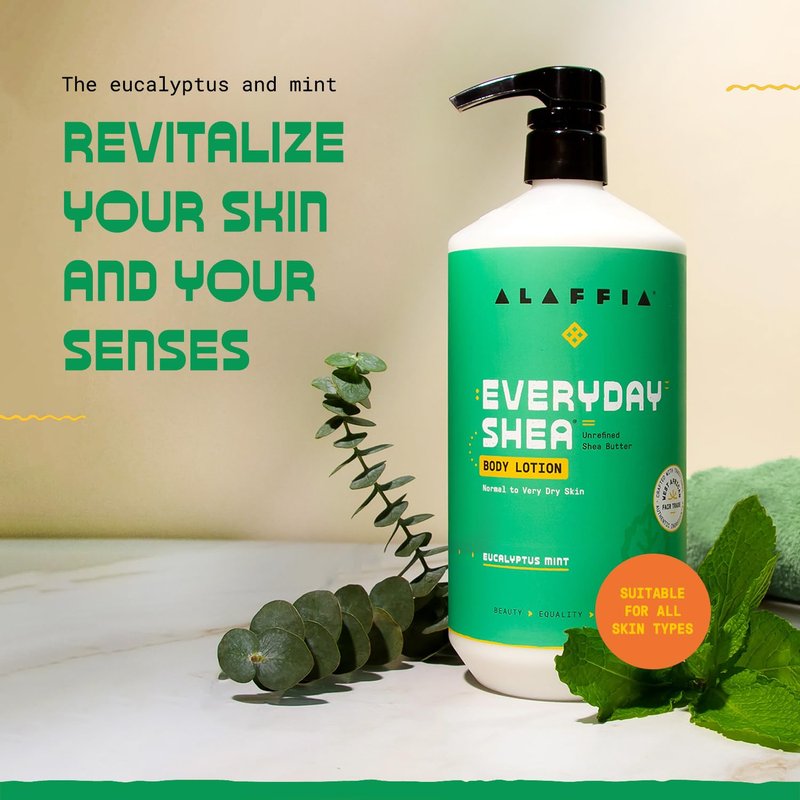 Alaffia Body Lotion 2-Pack, Everyday Shea, Eucalyptus Mint – Nourishing Moisturizer for Normal to Very Dry Skin, 32 Oz Ea