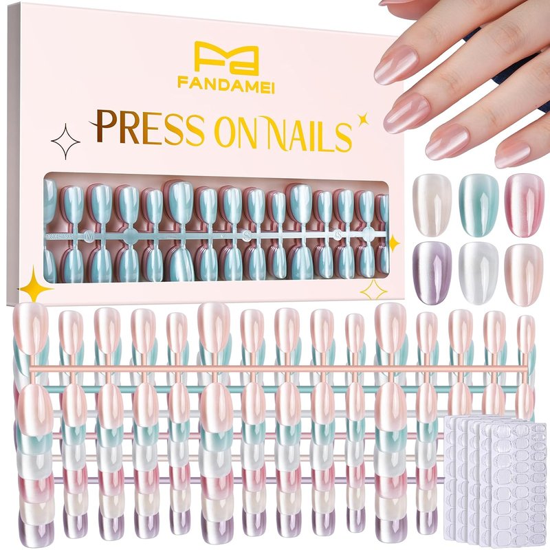 FANDAMEI Press On Nails - Short Almond & Oval Cat Eye Design | Glossy Nude Fake Nails Kit with Adhesive Tabs
