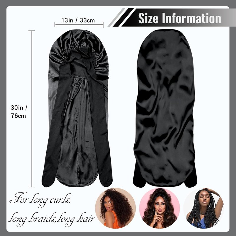 BONNET QUEEN Braid Bonnet Silk Bonnet Foldable Extra Long Wrap for Braids Satin Bonnets with Tie Band Long Sleep Cap, Black