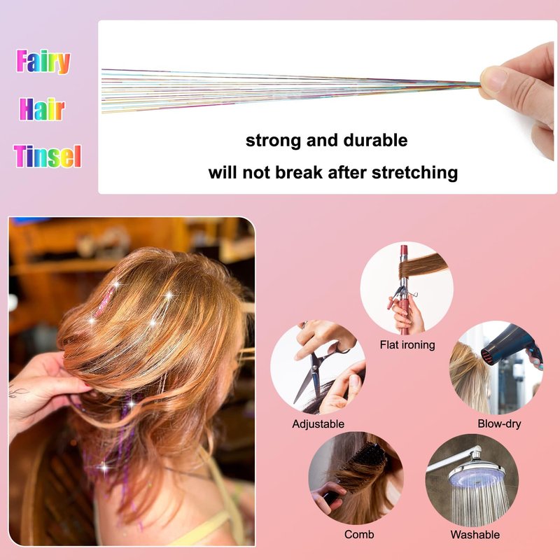 MISSUHUI Hair Tinsel Kit With Tool Hair Tinsel Heat Resistant Fairy Glitter Hair Extensions Sparkling Tensile Hair Extensions for Women Girls Kids