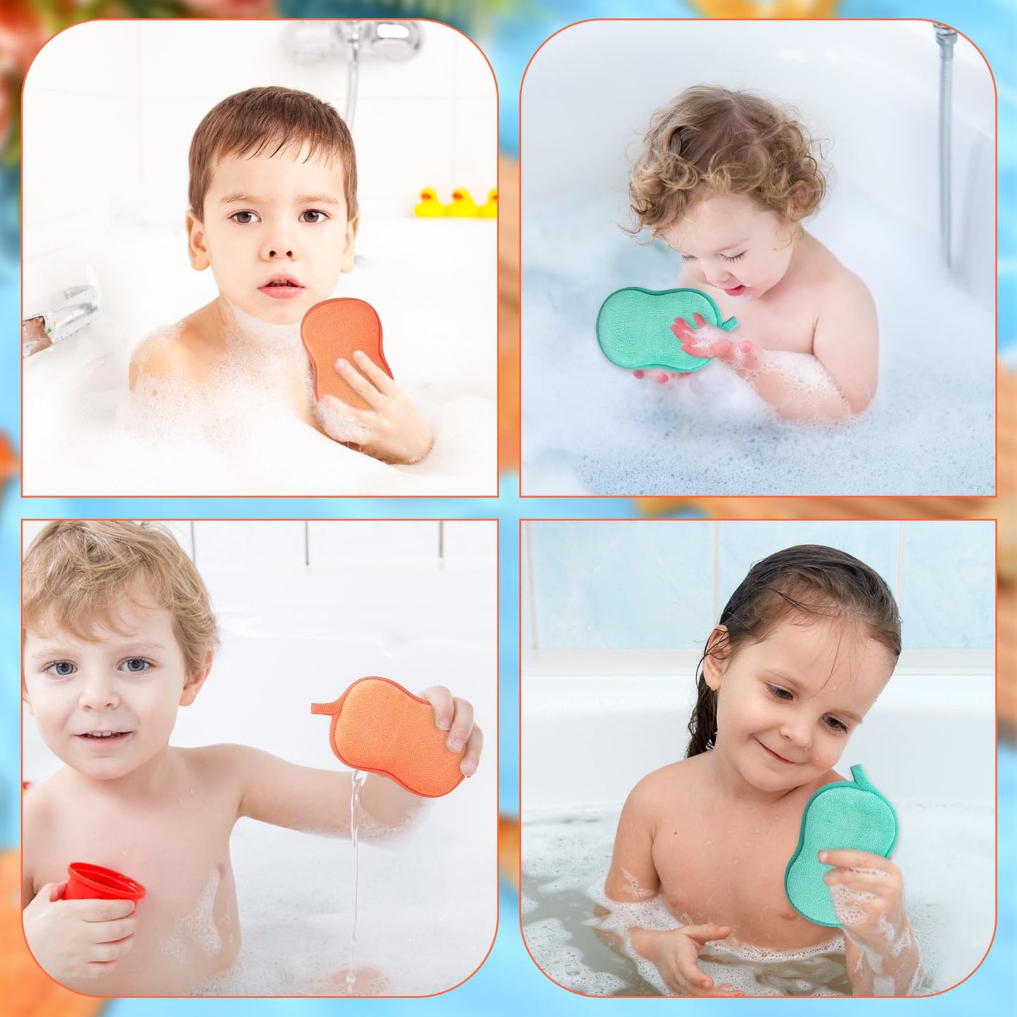 MBAIYO Baby Bath Sponge, 2 Pcs Gourd Shower Cotton Sponge for Softly Bathing Double-Sided Absorbent Loofah Green Orange Reuseable Soft Plantfiber Sponges Hanging Hole Exfoliating Body Women Men