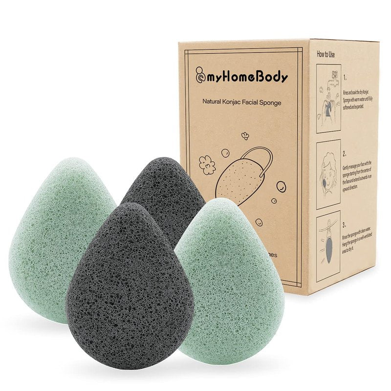 myHomeBody Natural Konjac Facial Sponges – Teardrop Shape - for Gentle Face Cleansing and Exfoliation - with Activated Charcoal and Aloe Vera, Set of 4