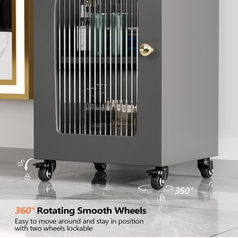 Salon Cart with Wheels & Adjustable Shelf, 3-Tier Rolling Beauty Trolley for Hair Stylist, Barber, Esthetician, Storage Cabinet w/Glass Door & Hair Dryer Holder, Mobile Station for Spa, Tattoo (Gray)
