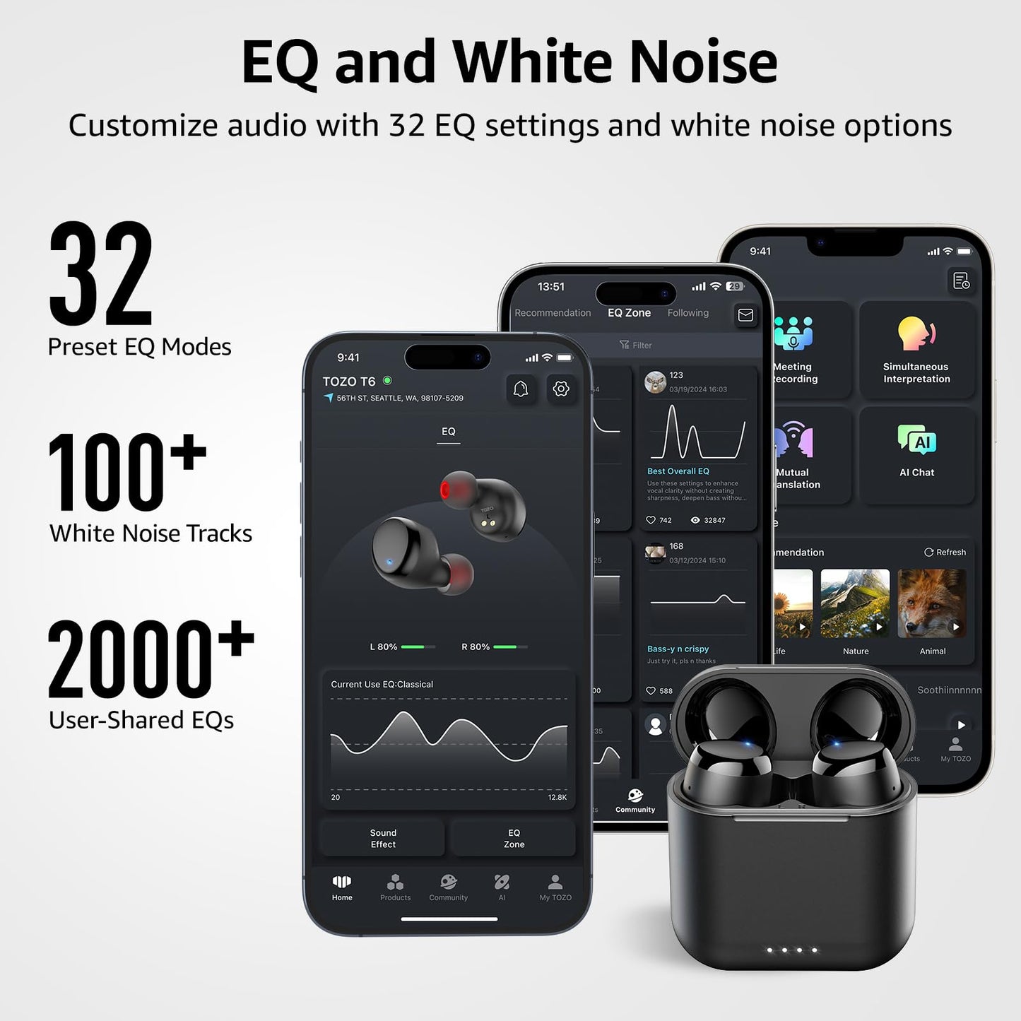 TOZO T6 Wireless Earbuds, Bluetooth Ear Buds, Stereo Sound in Ear Headphones, 50 Hours Playtime, AI Clear Call, Wireless Charging Case, APP Customizable EQs, IPX8 Waterproof Earphones
