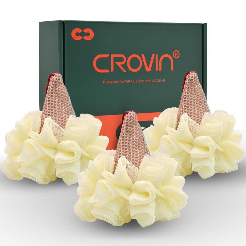 CROVIN Ice Cream Bath Sponge Pouf (Set of 3)-Creamy White Soft Mesh Puff Exfoliating Shower Sponge Ball Body Scrubber for Adults, Children