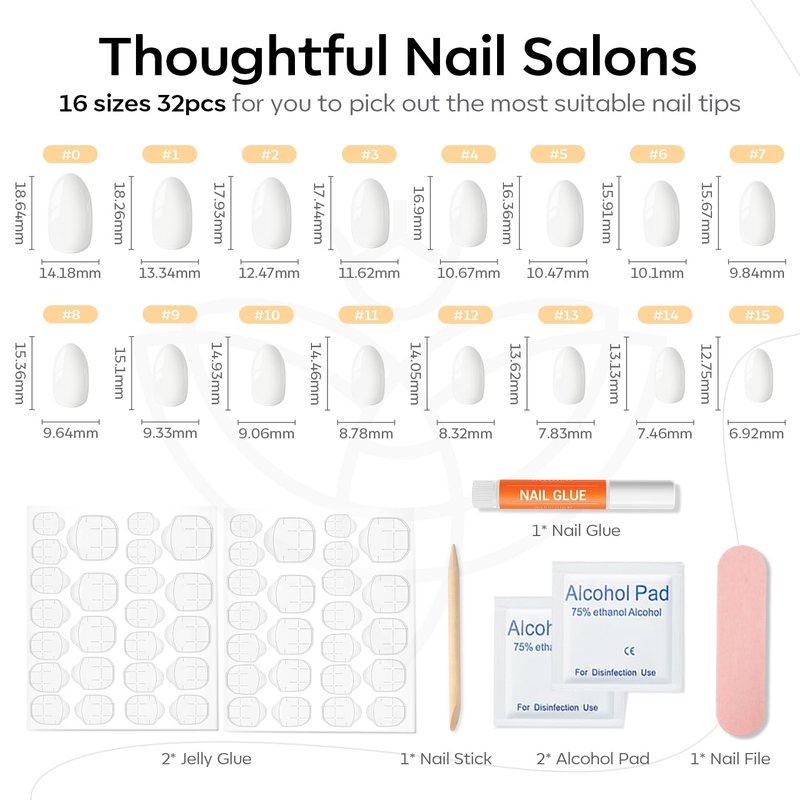 modelones Short Press on Nails, Oval Fake Nails Kit Press Ons with Nail Glue, Adhesive Tabs, Nail File, Prep Pad, Manicure Stick, 32Pcs 16 Sizes, Elegant White, Spring Women Girl Gift