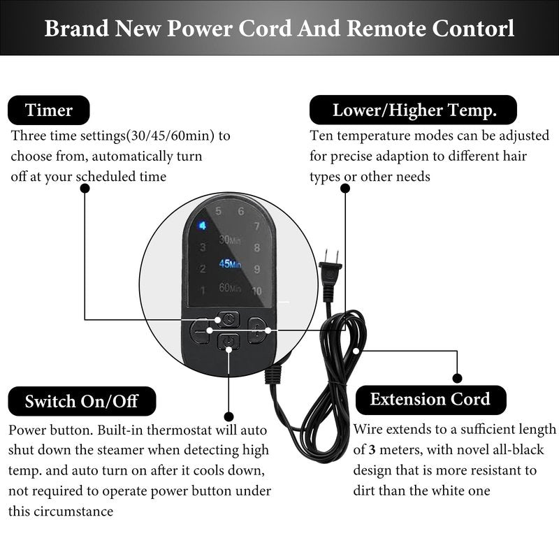 Hair Steamer Heat Cap for Deep Conditioning, Thermal Steam Cap for Natural Hair Home Use with 10 Modes 3 Timer Settings All Black Extended Cord for Spa Hair Care, Black