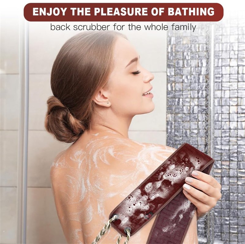 Exfoliating Back Scrubber for Shower, 37 Inches Back Washer with Handles, Soft Shower Bath Scrub, Double-Side Use Exfoliate Washcloth Bath Tool to Scrub Your Body Deeply (Coffee Brown)