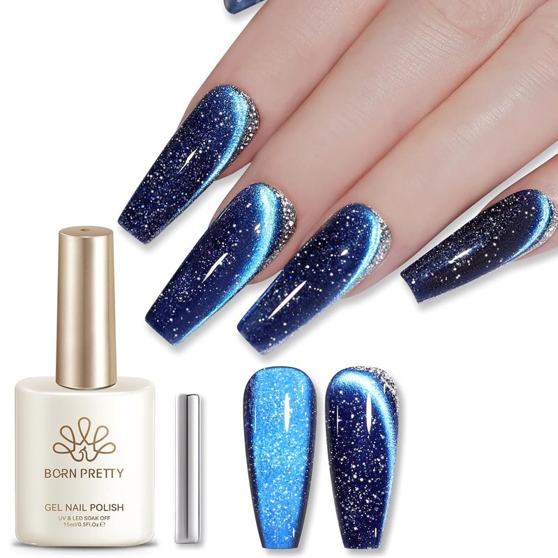 Born Pretty Galaxy Glitter Blue Crystal Cat Magnetic Eye Gel Nail Polish,Reflective Blue Glitter Sparkly Shiny Disco DJ Magnetic Gel Polish for Party,Holiday & Vacation Travel,15ML
