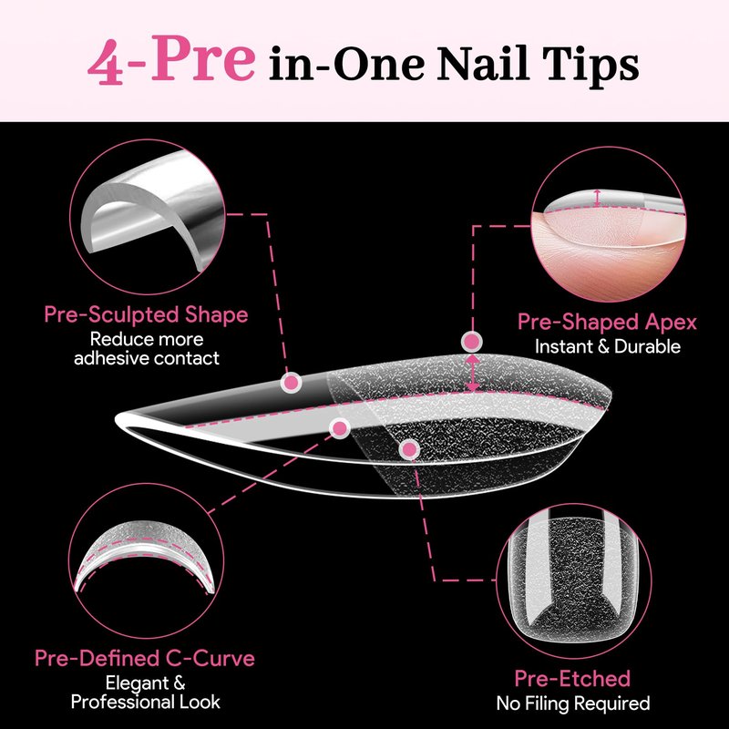 Qiek Short Almond Pre-Building Nail Tips, 15 Sizes 240 PCS Pre-shaped Apex Clear Soft Press On Fake Nail Half Matte Gel Nail Extensions Strong Thick Acrylic Tip for DIY Beginners & Salon Manicure