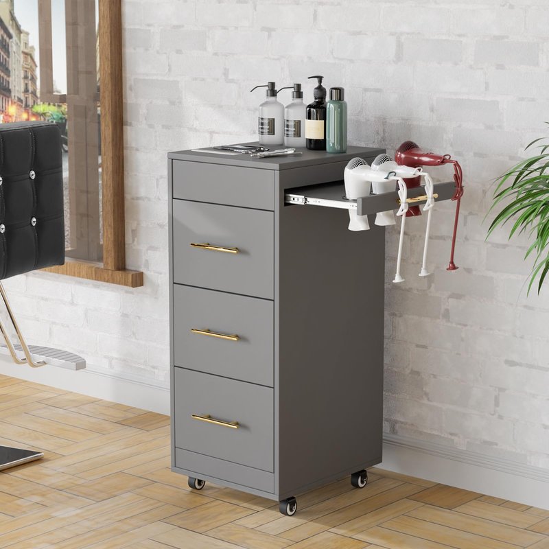 Salon Trolley Cart with Wheels, Wooden Hair Storage Cabinet, Stylist Cart Mobile Hairdressing Barber Station for Beauty Spa Barbershop, 3 Large Drawers, 3 Hot Tool Holders, Grey