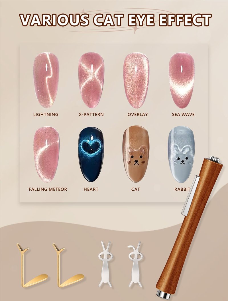 3 IN 1 Cat Eye Magnet for Nails, Wooden Magnetic Pen with Heart & Rabbit Shaped Stick for Nail Art, Professional Home DIY Cateye Gel Polish Magnets Tools (5PCS)