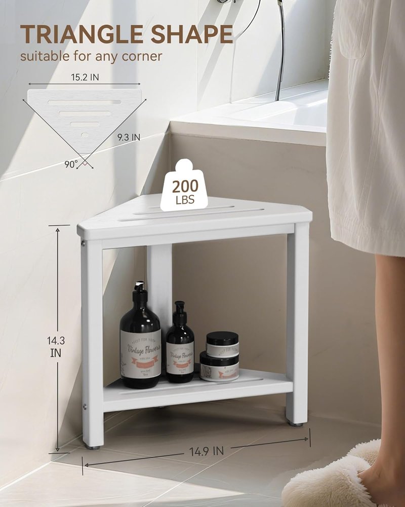 Shower Foot Rest - 15-Inch Waterproof Shower Stool for Shaving Legs | Compact White Corner Bench with Storage Shelf
