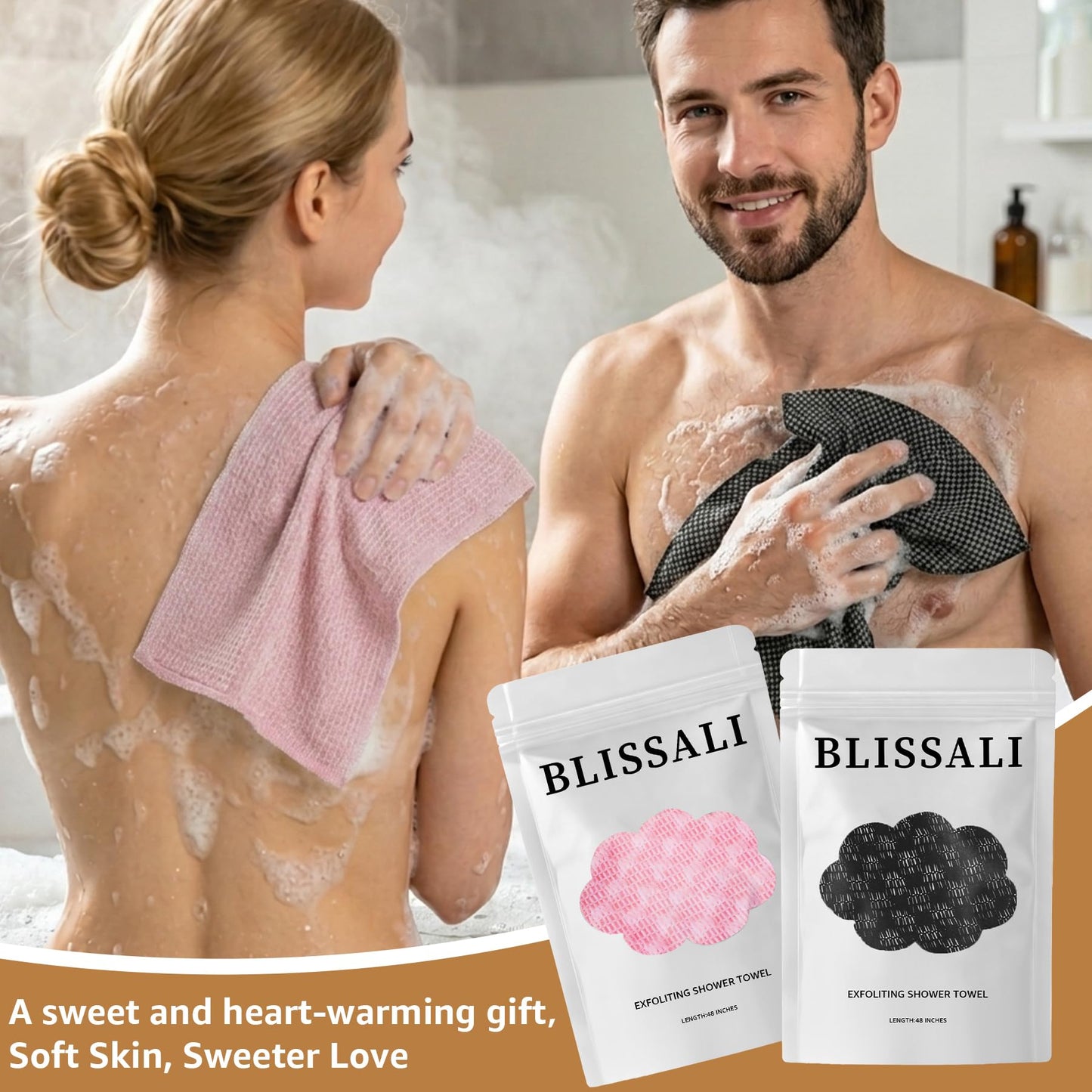 2Pcs Exfoliating Washcloth Towel, Long Dual-Sided Exfoliating Body Scrubber Exfoliator, Back Scrubber Deep Cleansing & Gentle Exfoliation, Quick-Drying Bath Towel for All Skin Types (Black & Pink)
