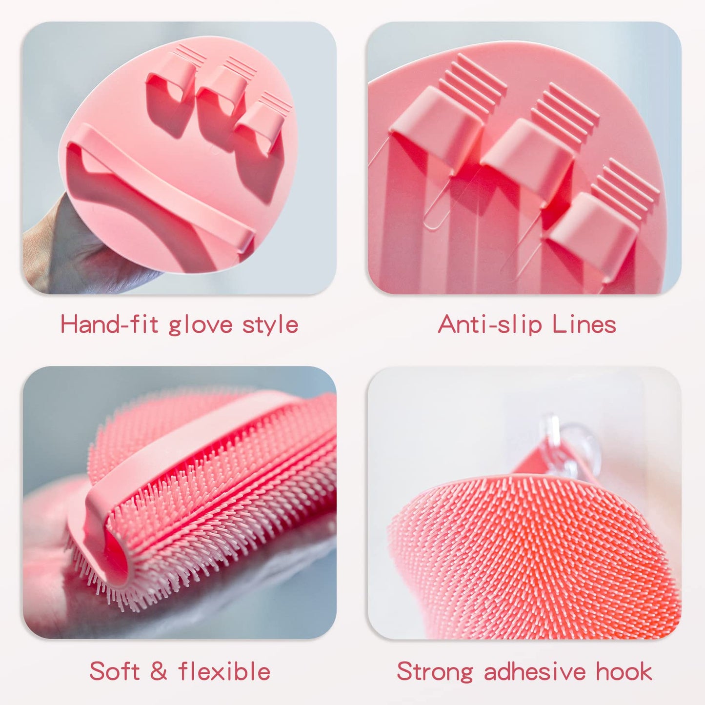 Manmihealth Silicone Back Scrubber & Soft Bath Glove Set 4 PCS(Thick Bristles), Super-Exfoliating Body Scrubber & Super-Lathering Shower Brush Combination, with 2 Adhesive Hooks (Pink)