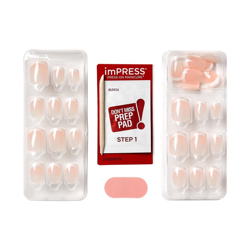 Kiss Impress No Glue Mani Press On Nails, Design, 'Chic French', Pink, Short Size, Squoval Shape, Includes 30 Nails, Prep Pad, Instructions Sheet, 1 Manicure Stick, 1 Mini File