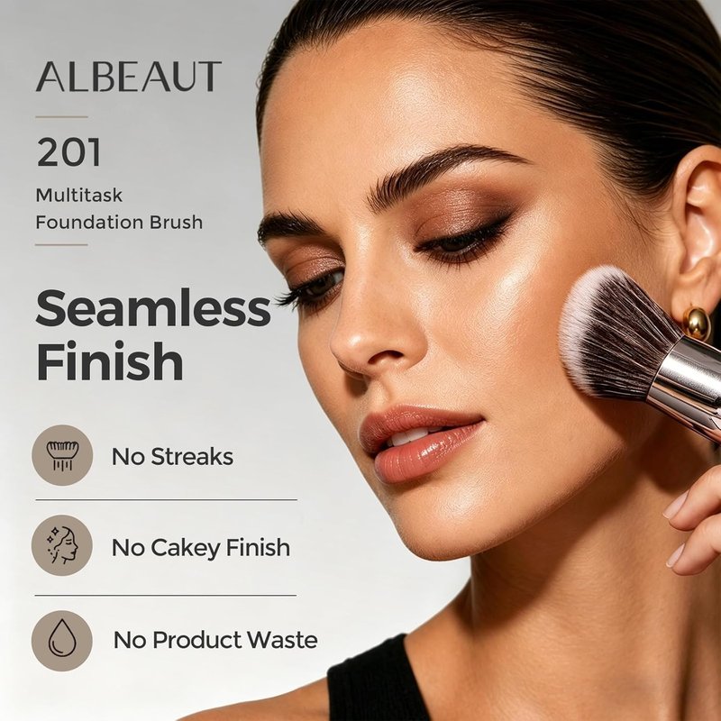 ALBEAUT 201 Angled Foundation Brush for Flawless Makeup Application Professional Liquid, Cream Powder Foundation Brush with Dense Bristles - Contoured for Precise Blending and Buffing