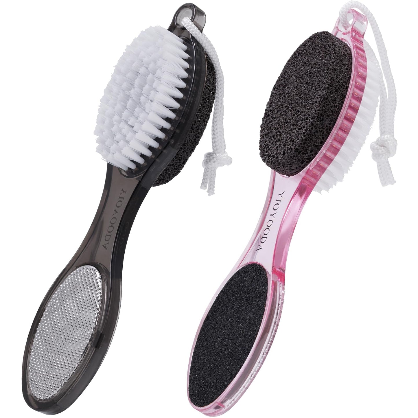 YIOYOODA Foot Brush and Pumice Stone for Feet, 4-in-1 Foot File Callus Remover, Feet Scrubber Brush, Rasp and Sand Paper Pedicure Tools, Multi Purpose for Home Foot Care, 2 Pcs, Clear Black and Pink