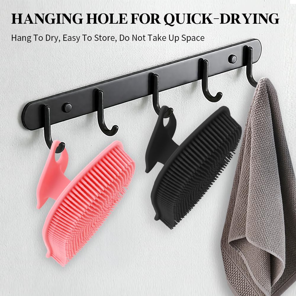 2 Pack Silicone Body Scrubber, Soft Silicone Loofah, Gentle Exfoliating Body Scrubber for Sensitive Skin, Leaf Shaped Shower Scrubbers, Silicone Scrubbers Body Brush for Women Men (Pink & Black)